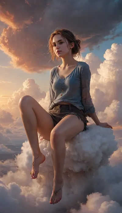 Art by WLOP, Cushart, Carne Griffiths, a young woman sitting on a cloud, dreamy atmospheric lighting, ethereal, serene, captivating composition, beautiful color palette, rough brushstrokes, sunset, above the clouds, dark, theme, <lora:nLora_XL:.8>, <lora:NaturalBodyV2.0:1.5>