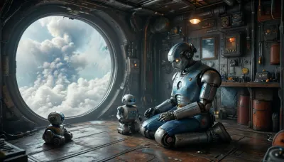 Star Wars style, (Steampunk:1.4), (Full body view:1.3), a chubby, friendly male mechanic in blue overalls kneels on the floor of his messy and futuristic workshop, repairing a small toy robot to the great delight of his work robot next to him, (cute work-robot:1.3), work-robot watches attentively as his toy is repaired. various perspectives, various futuristic backgrounds, elaborate details, highly detailed, breathtaking, panoramic, cinematic, (3D, Framed, Woman), Macabre, cloudy, smoke, atmospheric, clouds, fog, anchespaceroom, cyberbotgilzv1, <lora:MJ52:.9>, <lora:Cloudy_Style:.4>, <lora:Anchespaceroom-V1:1.1>, <lora:CyberBotGilzV1:.8>