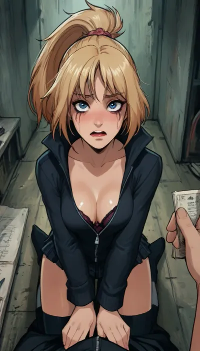 (reiq meets markgavatino artstyle:1.6), 25 year old, woman, wearing skirt, thigh_high_socks, view from above, black hoodie sweatshirt unzipped all the way, showing bra with bulging cleavage, blonde_ponytail, blue_eyes, looking at viewer, embarrassed, scared, in office, (on knees beneath you, looking up at you, crying, tears, ruined makeup), male pov, deep perspective, doodle, ratatatat74, <lora:cutedoodle_XL-000012:2>, <lora:ratatatat74-000050:2>, <lora:NEOTOKIOXL_0.2_RC:2>, <lora:outline_xl_kohaku_delta_spv5x:2>