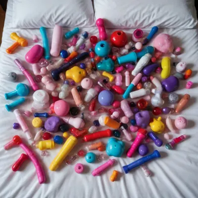 Various types of sex toys scattered on the bed, seen from above.