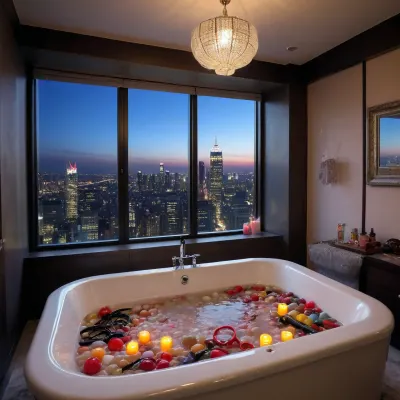 Various types of adult sex toys such as a foreskin imitating a real penis, a black whip, a lace blindfold, ropes, vibrators of various sizes, nipple clamps, various chokers, candles for personal use, ice cubes on top of the luxury wardrobe next door, penis and vagina-shaped candies, all scattered on the luxury bed in the luxury bedroom, with a window overlooking the night city, with a flat-screen TV on, and a luxury bathtub in the luxury bedroom.