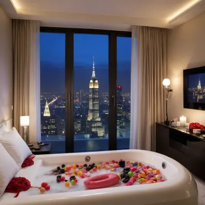 Various types of adult sex toys such as a foreskin imitating a real penis, a black whip, a lace blindfold, ropes, vibrators of various sizes, nipple clamps, various chokers, candles for personal use, ice cubes on top of the luxury wardrobe next door, penis and vagina-shaped candies, all scattered on the luxury bed in the luxury bedroom, with a window overlooking the night city, with a flat-screen TV on, and a luxury bathtub in the luxury bedroom.