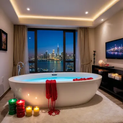 Various types of adult sex toys such as a foreskin imitating a real penis, a black whip, a lace blindfold, ropes, vibrators of various sizes, nipple clamps, various chokers, candles for personal use, ice cubes on top of the luxury wardrobe next door, penis and vagina-shaped candies, all scattered on the luxury bed in the luxury bedroom, with a window overlooking the night city, with a flat-screen TV on, and a luxury bathtub in the luxury bedroom.