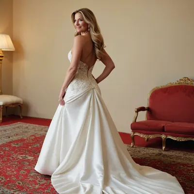 mature 45 years old, dark blonde, very sexy, huge hoop earrings, make up, thin curvy, glamour, small saggy tits, wedding dress, long hair, high heels, showing high heels, looking at the camera, full body view, back view, walking, naught smile