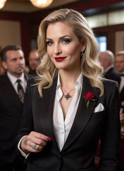 50 years old woman, beautiful face, long blonde hair, dark red lipstick, light make-up, eyeshadow, smiling, long diamond earrings. In man's style black jacket, black trousers, white shirt and red tie. Masculine appearance of clothing. Black high-heeled shoes. Facial tattoo of Ace of Spades design on cheek. Standing in busy old-fashioned Gentlemen's club. only woman in image, talking to men in suits, numerous men in suits around the room. Bright lighting
