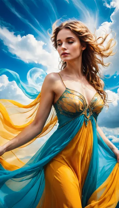 (woman, fae, fairy angelic, goddess of air), (infinite blue skies, sparkling golden sunlight, misty clouds), (motherly eyes, eye contact, focus of eyes), (high saturation, high contrast, vibrant colors, closeup, hair glow lighting), (descending from the clouds), (billowing dress, filmy dress, chiffon), Colorsplash, <lora:SDXLPaintSplash:1.8>, zavy-lqdprtrt, <lora:zavy-lqdprtrt-sdxl:.8>