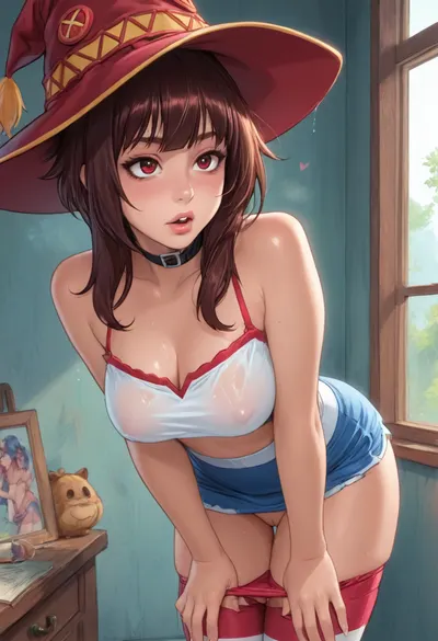 (reiq style), megumin from konosuba, ultra skirt, tight clothes, clothing fit, blue skirt, hypnotic eyes, standing, sweaty, red garter belt, large voluptuous tits, thick thighs, oily skin, sweaty on whole body, seduced, heart love, orgasm, panties down, bending over, vagina, ultra detail, wet clothes, null art, Melkor Mancin artstyle, score_9, score_8_up, score_7_up, <lora:cartoon_stickers_xl_v1:.8>, <lora:ratatatat74-000050:1.3>