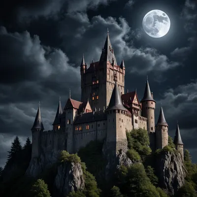 A dracula castle, night, dark cloudy sky, moon