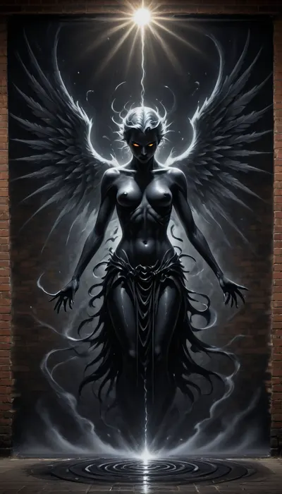 Street Art, Mural, Spray Paint, Tones of Black, High Contrast, Ultra-HD, Angelic, Evil, Powerful, Natural Lighting, Reflective, Polished, Brick, Aerosol, Dark, Fantasy, page, Fanmytwor, style, <lora:Dark Fantasy:2>, <lora:Fantasy World XL:2>, subatomic, <lora:Subatomic:.8>