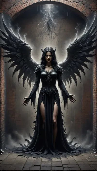 Street Art, Mural, Spray Paint, Tones of Black, High Contrast, Ultra-HD, Angelic, Evil, Powerful, Natural Lighting, Reflective, Polished, Brick, Aerosol, ais-darkpartz, dark, fantasy, Dark, Fantasy, page, Fanmytwor, style, <lora:Dark_Particles_Style_SDXL:2>, <lora:dark_fantasy_art:2>, <lora:181422_training_data:2>, <lora:Dark Fantasy:2>, <lora:Fantasy World XL:2>