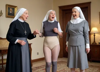 An elderly nun is surprised by another woman behind her dressed in elegant clothes, who lifts her habit, revealing beige panties with a very marked cameltoe and gray stockings.