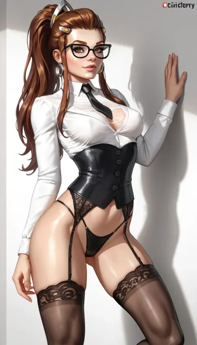 Brigitte Lindholm, slim body, tiny-waist, pointy breasts, posing sexy, ((black waist cincher, black thong, black stockings, secretary glasses, strict glasses)), garterbelt, garters, legs apart, white wall, white painted wall, clean wall, plain wall, clear wall