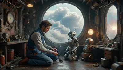 Star Wars style, (Steampunk:1.4), (Full body view:1.3), a chubby, friendly male mechanic in blue overalls kneels on the floor of his messy and futuristic workshop, repairing a small toy robot to the great delight of his work robot next to him, (cute work-robot:1.3), work-robot watches attentively as his toy is repaired. various perspectives, various futuristic backgrounds, elaborate details, highly detailed, breathtaking, panoramic, cinematic, (3D, Framed, Woman), Macabre, cloudy, smoke, atmospheric, clouds, fog, anchespaceroom, cyberbotgilzv1, <lora:MJ52:.9>, <lora:Cloudy_Style:.4>, <lora:Anchespaceroom-V1:1.1>, <lora:CyberBotGilzV1:.8>