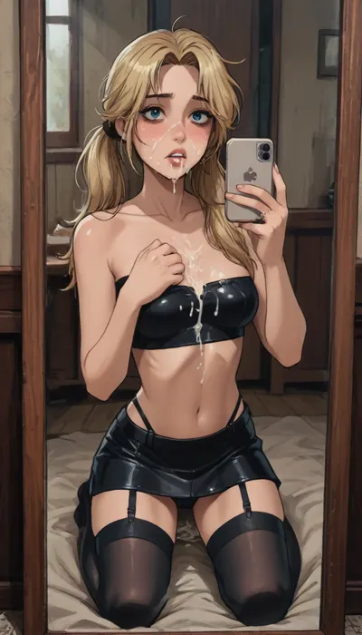 Score_9, score_8_up, score_7_up, reiq meets markgavatino art style, 20 year old party girl, slutty, ruined smudged makeup, messy blonde long hair ponytails, medium chest, puffy nipples, cameltoe, pawg, kneeling, taking a selfie, full length mirror, black leather tube-top, leather micro skirt, black stockings with garters, garters, ((exhausted)), (cum on face, cum on breasts, cum leaking from mouth), covered in cum, detailed background, cute, doodle, ratatatat74, <lora:cutedoodle_XL-000012:.8>, <lora:ratatatat74-000050:.8>, <lora:NEOTOKIOXL_0.2_RC:.8>, <lora:outline_xl_kohaku_delta_spv5x:.8>