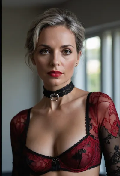 a 50 years old woman, A close-up portrait of a woman, captured in a candid moment. She is adorned in a red and black lace, paired with a black choker featuring a silver buckle. Small open nude perfect tits. Hard nipples. The woman's pose is relaxed, with one arm resting on a gray surface, and her gaze is directed towards the camera. The background is blurred, emphasizing the subject, and the overall color palette is dominated by red, black, and silver., detailifier