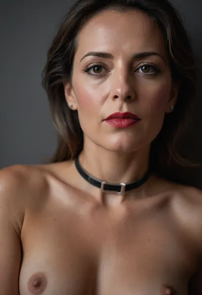 a 50 years old woman, A close-up portrait of a woman, captured in a candid moment. Black choker featuring a silver buckle Small open nude perfect tits. Hard nipples. The woman's pose is relaxed, with one arm resting on a gray surface, and her gaze is directed towards the camera. The background is blurred, emphasizing the subject, and the overall color palette is dominated by red, black, and silver., detailifier