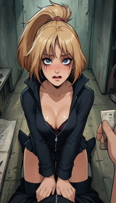 (reiq meets markgavatino artstyle:1.6), 25 year old, woman, wearing skirt, thigh_high_socks, view from above, black hoodie sweatshirt unzipped all the way, showing bra with bulging cleavage, blonde_ponytail, blue_eyes, looking at viewer, embarrassed, scared, in office, (on knees beneath you, looking up at you, crying, tears, ruined makeup), male pov, deep perspective, doodle, ratatatat74, <lora:cutedoodle_XL-000012:2>, <lora:ratatatat74-000050:2>, <lora:NEOTOKIOXL_0.2_RC:2>, <lora:outline_xl_kohaku_delta_spv5x:2>