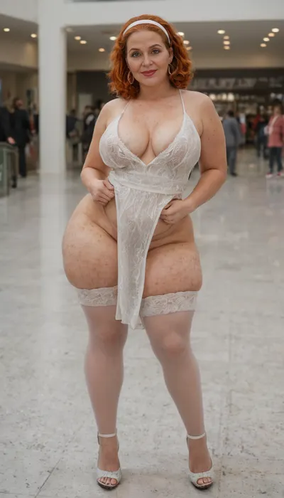 Chubby Old fat grandmother, Parking at the mall, redhead, naughty old face, head band, huge saggy tits, huge ass, wide hips, high legs, old cellulite frecles granny body, double chin, fat cheeks, High-heeled sexy shoes, stockings, sexy dress, stretch marks on body, frecles body, big eyelashes, big eyebrows, high detailed photo, 8k, high definition, high resolution, clothes, liner, shadow, run, off, lsrf, mascara, Freckles, <lora:liner shadow run off-GMR:1>, <lora:A_SHort_Cut_v3_SDXL:1>, <lora:Freckles:1>