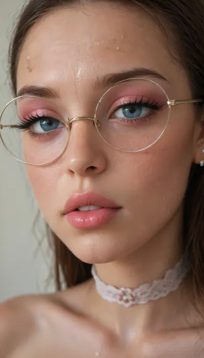 (Young petite tiny cutie girl:1.7), 18 years old, masterpiece, (shiny skin), (((close-up face:1.8))), (skinny:1.5), brown long hair, (blue eyes), (makeup:1.5), (Concentration:1.6), (((very very big long eyelashes))), (very busty:1.7), (ab crack), ((wet Skin)), ((round glasses)), choker, covered long erect nipples, (in the shower), ((she is wearing fishnet stockings contrasting)), shadows, bright light patches, light caustics, (Dynamic angle:1.5), (((best quality))), amazing quality, high contrast, volumetric lighting, intricate details, view from side, woman, on, face, <lora:JustCum:.5>, (((photorealistic))), (((very big lips))), pink lipstick, <lora:illustrious_styles_v3_vpred:.1>, <lora:678016_training_data:.8>, facialized, superfacialized, <lora:facialized:.8>