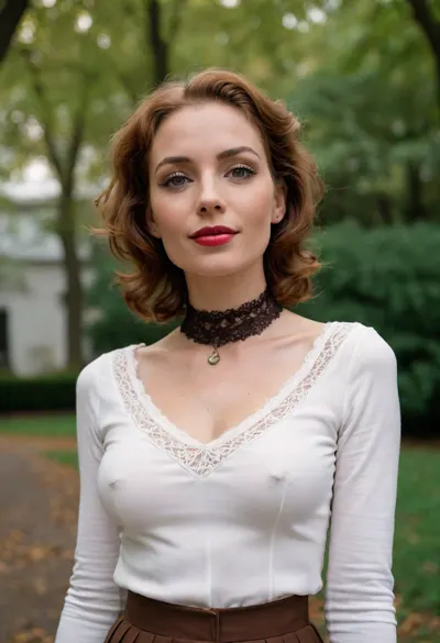 (mature 35 years old hot milf), (tall and slim figure with narrow shoulders but thick hips and thighs:1.4), (extra flat narrow chest with extra tiny titties:1.3), (extra long nose:1.3), (extra wide mouth:1.3), slim angular face, natural ginger curly hair, (retro 1920s short slicked hairstyle:1.2), watches, bracelets, (laced chocker:1.3), earrings, (old-fashioned retro cotton outfit of white laced blouse with long sleeeves and brown maxi long pleated skirt:1.2), (romantic shy pose), (active hands gesturing:1.5), smile, (nice friendly face), (looking straight into the camera:1.5), (from down below to up view on her:1.5), empty park alley, (perfect quality photo:1.5), (high detalisation picture:1.5)