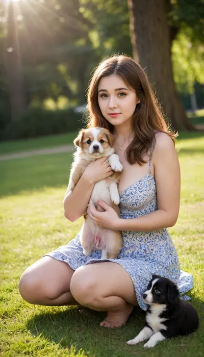 Realistic photography, chubby, modest, solo, 1girl, long hair, round face, big bright eyes, broad shoulder, deep collarbone, squeezed cleavage, (busty:.8), alluring, seductive, knees, thigh, short summer dress, in the park, squatting down playing with the puppy, enjoying the sunny weather, summer, backlight, perfect weather, puppy, dog, leash, peaceful vibe, caring for the dog, nature., <lora:EnvyCuteSliderXL01:2>