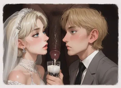 interracial, bbc, very large black penis, (flaccid black dick), The happy white blonde bride in sexy wedding dress, cum driping bride's chain' cum driping from black penis, drinking sperm from transparent cup, there is glossy and sticky sperm in cup, cup full of sperm, cum swallowing, ((gokkun)), cum dripping from the corners of her lips, ((ratatatat74), 90s Anime, (Outline), (cartoon), incase style, concept, art, by, syd, mead, retro, futuristic, flat colors, Perfect Hands), <lora:ratatatat74-000050:1.1>, <lora:outline_xl_kohaku_delta_spv5x:1.8>, <lora:cartoon_stickers_xl_v1:.6>, <lora:NEOTOKIOXL_0.2_RC:.4>