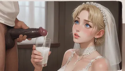 interracial, bbc, very large black penis, The happy white blonde bride in sexy wedding dress, cum driping bride's chain' cum driping from black penis, drinking sperm from transparent cup, there is glossy and sticky sperm in cup, cup full of sperm, cum swallowing, ((gokkun)), cum dripping from the corners of her lips, ((ratatatat74), 90s Anime, (Outline), (cartoon), incase style, concept, art, by, syd, mead, retro, futuristic, flat colors, Perfect Hands), <lora:ratatatat74-000050:1.1>, <lora:outline_xl_kohaku_delta_spv5x:1.8>, <lora:cartoon_stickers_xl_v1:.6>, <lora:NEOTOKIOXL_0.2_RC:.4>