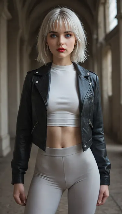 girl, 20 years old, modern grand style, leggings, top, jacket, short white hair, long bangs, blue eyes, bright makeup, red lips