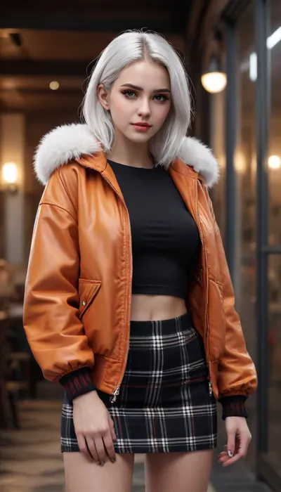 (4k, 8k, Ultra HD), masterpiece, best quality, ultra-detailed, very aesthetic, depth of field, best lighting, detailed illustration, detailed background, cinematic, BREAK ambient occlusion, raytracing, soft lighting, blum effect, absolutely eye-catching, intricate cinematic background, BREAK masterpiece, amazing quality, 8K, illustrating, CG, cute girl, eyelashes BREAK masterpiece, cinematic lighting, full-body portrait of a beautiful woman with long flowing platinum white hair, intense red eyes, wearing a glossy orange bomber jacket with fluffy fur trim on the hood and sleeves, paired with a black crop top and a high-waisted black-and-white plaid mini skirt, accessorized, a large metallic patch on her sleeve, and thigh-high black stockings, soft ambient light highlights her face and the reflective textures of her outfit, blush, highly detailed digital painting style, anime-inspired aesthetic, moody atmosphere, realistic skin, sharp focus on face and upper body, shallow depth of field, cool and confident expression, dynamic pose, posing