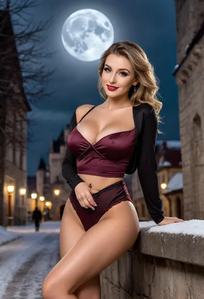 A dracula castle, night, dark cloudy sky, moon

Photorealistic, high resolution, score_9_up, score_8_up, score_7_up, 28 year woman, white girl, white skin, sunglasses on​ head, young face, perfect face, smile​ face​ with​ white​ teeth​, perfect lips, glossy lips, detailed face, perfect eyes, black dark hair, bent over at waist, tight athletic figure, tight ass, (perfect slender body), (very large breasts), one breast out, ..., Two Nude blonde, american, 40 yo, milf, mature, cinematic photo Latin queen, naked, makeup, eyesshadow, massive breasts, mini waist, massive hip, platinum waist belt, tanned skin, oiled skin, see-through chiffon flowing dress, sitting with crossed legs, side view, low angle shot, garter, leg stocking, no shoes, <lora:attractive_notrigger:1.8>, Woman, beautiful 45 years old dark blonde, hair in two high ponytails, make up and cherry lipstick, protruding breasts, tanned, medium height, very vide hips, very hairy vagina, smiles, walks on the evening snowy city, whole body view, bordo high heeled shoes, bordo shawl, legs spread for better view on pussy, hands up behind head, front to camera