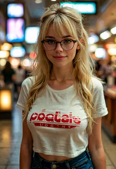 Cute busty geek in a snug t-shirt and low-rise jeans at the mall, view from waist up, very large breasts, messy hair with bangs, horn-rimmed glasses, dark green t-shirt with anime character, pale skin, shy smile, awkward pixie-ish face, 20 years old, mall background, Soft Lighting, Natural Skin Texture, Rule of Thirds Composition, Shallow Focus, but, braless, Wearing, clothes, that, make, sense, with, Braless>, <lora:MJ52:2>, <lora:add-detail-xl:2>, <lora:BUT_SDXL_SHS:.4>, <lora:bralessSDXL_v1_00022:.5>