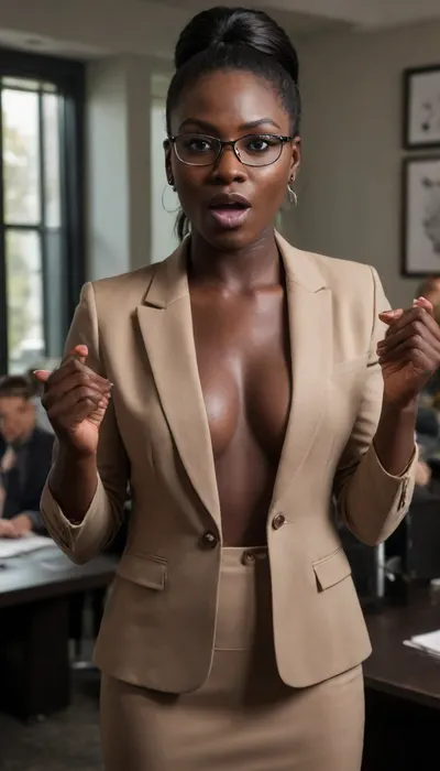 a photo of a dark skin ebony African woman, (dark black skin:2.1), in sexy business suit, open unbuttoned jacket and blouse, in a crowded office, at the front of the room standing, giving a presentation, (surprised face, open mouth, orgasm), ((medium natural perky nude tits with dark nipples), full makeup, lipstick, glasses, jewelry, layered and styled straight hair, realistic, real, face, hyper, influencer, insta, beautiful, sexy, pretty)