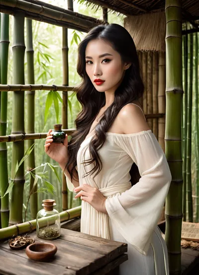(magical realism:1.2), (Chinese herbalist:1.1), (beautiful Asian woman:1.3), refined, (long black wavy hair:1.1), (dark eyes:1), (full red lips:1), (forest hut:1.3), (bamboo forest outside the window:1.4), (old wooden table:1.1), (dried herbs and roots on the table:1), (stone bowl:1.1), (bottle of potion in hands:1.5), (herbalist:1), (medieval:1), (fantasy:1), (elegant dress:1), (soft light:1), ((seductive gaze)), (high resolution:1.1), (photorealistic:1.2), (studio lighting:1.1), (realistic textures:1.1), (bokeh background:1), (excellent sharpness:1)
