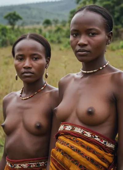 3 young native Women of Ruanda, traditional cloth, flashing, tiny tits, tities, small tits