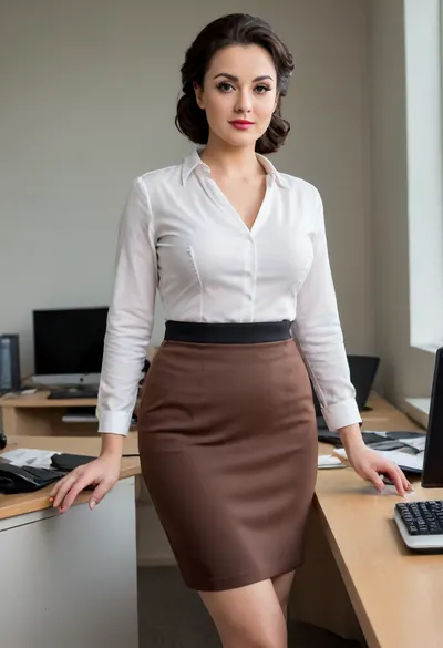50 years old woman, proportionally built, 170 cm height, 60 kg weight, sexy female silhouette, aristocratic beauty, haughty look, brown eyes, female silhouette, makeup highlights elegant facial features, she doesn't smile, black hair tied back in a bun, completely clothed, standing near desk in her office, business attire, heels 6 cm, (a skirt is very short:1.5), (the skirt ends 20 cm above the knees:1.6), (curvy full legs:1.7), wide hips, convex buttocks tightly wrapped in a skirt, looks at the camera reproachfully, she is outraged, (full body visible with shoes:1.4), stands so that the outline of the buttocks is visible