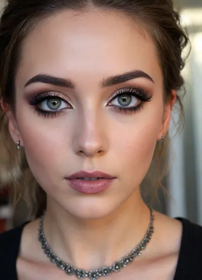 ultra-realistic, 8K HD, thin 20-years old woman, detailed face, detailed hair, deep grey eyes, (heavy eye makeup:1.5), nose piercing, (close-up:1.5)