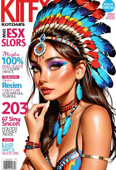 glossy magazine cover style, text headline "KITTYart", a adult beautiful slender sioux indian woman with a large colorful indian sioux feather headdress and war paint, elaborate hairstyle, lingerie, aroused skin, colorful smoke, colorful glass, fashion tabloid style, text "ART", frame, graphical design, text, shapes, numbers, barcode, glamour magazine, sparkling look, realistic pretty women photo, intricate, posing, handsign to viewer, #©KITTYART


































#©KITTYART, samdoesarts, by, <lora:attractive_notrigger:.8>, <lora:samdoesarts1.1-000030:.5>
