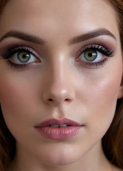 ultra-realistic, 8K HD, thick 20-years old woman, detailed face, detailed auburn hair, intense grey eyes, (heavy eye makeup:1.5), (close-up:1.5)