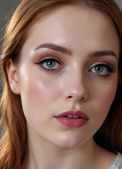 ultra-realistic, 8K HD, thin 20-years old woman, detailed face, detailed auburn hair, odd-eyes, very long eyelashes, (heavy eye makeup:1.5), (close-up:.5)