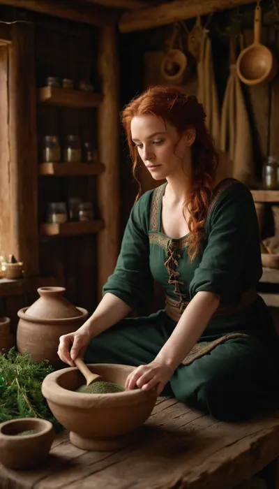 A hyper-realistic photograph of a skilled celtic druid female herbalist in her mid-30s, with fair skin and red hair and dark green eyes, seated at a rustic oak worktable inside a forest hut. She is carefully grinding dried herbs with a, ((stone mortar and pestle)), ((surrounded by neatly arranged glass jars)), linen pouches, and bundles of wild plants hanging from wooden beams. Soft winter daylight filters through a small window, illuminating the natural textures of wood, clay, and woven baskets. Shot with a DSLR using a 50mm prime lens, shallow depth of field, cinematic composition, ultra-high detail, natural color grading, and subtle bokeh in the background. The focus is on her calm concentration and precise hands at work, with the blurred forest hut interior softly framing her presence, evoking authenticity and quiet craftsmanship
