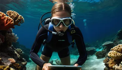 photo-realistic, details, beautiful coral reef in the southern hemisphere, with lots of, (sea-based animal life), (unrealistic, rainbow-gradient colored corals, with some mold-like infestations, in foreground), ((23yo), (diver), marine-biologist, nerdy but very cute, with, somewhat unfit body, (true skin tone), (natural skin-imperfections), wearing a neoprene FBSS-swimsuit, (cameltoe), taking notes with a stylus, on a rugged, underwater computer-tablet, in background), <lora:Full_body_smoothskin_swimsuit:.9>, <lora:dark:.2>