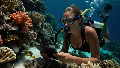 photo-realistic, (details), magnificent coral reef in the southern hemisphere, with a lot of, (underwater life, sea-animals), (((unnatural colored corals:1.5), with mold-like, black spots infestations:1.3), in foreground:1.2), ((23yo), , , (diver), , , marine-biologist, nerdy, cute, with somewhat unfit body, (true skin tone), , , (natural skin-imperfections:1.2), wearing a neoprene FBSS-swimsuit, re-breather in mouth, (feeling worried, concerned:1.1), closely studying corals, while taking notes on a underwater computer-tablet, in background:1), (perfect, natural underwater shadows), (masterpiece:1), <lora:Full_body_smoothskin_swimsuit:.9>, <lora:dark:.3>