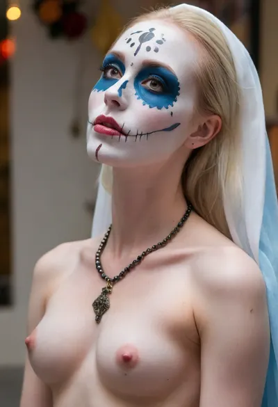Mexican Babe, Perfect natural heavy very perky boobs, perky nipples, small areolas Skin color, (pale small areolas:1.7), perfect skin, detailed skin, skinny body, (pale skin:1.7), side view, santa muerte, blue, and, white, t1, skull, mexican, talavera, dress, ktrmkp, face, paint, santa muerte makeup, <lora:TalaveraCatrina_by_Devdope-000011:.8>, <lora:Katrina XL:1.7>
