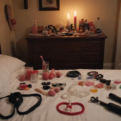 Various types of adult sex toys such as a foreskin imitating a real penis, a black whip, a lace blindfold, ropes, vibrators of various sizes, nipple clamps, various chokers, candles for personal use, ice cubes on top of the cabinet next door, penis and vagina shaped candies, all scattered on the bed, visible from above.