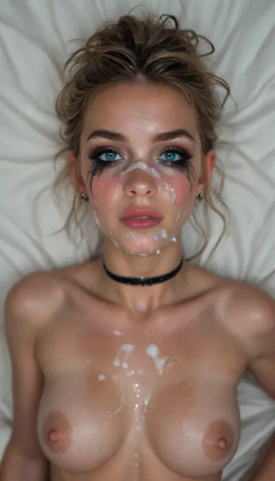 Cinematic still, (mature woman), 50yo, milf, (slav:1.5), submissive, horny, cute, gorgeous, freckles, perfect round breasts, dark makeup, eyeliner, eyeshadow, mascara, long eyelashes, slim waist, nude, black stockings, legs spread, black choker, very long blond hair, striking facial features, (blue eyes), narrow face, wet skin, silver jewelry, on bed in a bright bedroom, (lying on her back), (((looking directly to the viewer))), (cum on face:1.9), mouth closed, kiss mouth, (ruined makeup:1.2), (ruined hairstyle:1.3), cum on tits, devot, (view from front/above:1.5), 4k epic detail, shot on kodak, 35mm photo, sharp focus, high budget, cinemascope, moody, epic, film grain, grainy, score_9, score_8_up, score_7_up, rating, explicit, big_eyes, but, <lora:style_lora_realis:2>, <lora:BUT_SDXL_SHS:2>, <lora:SDXLHighDetail_v6-000005:2>
