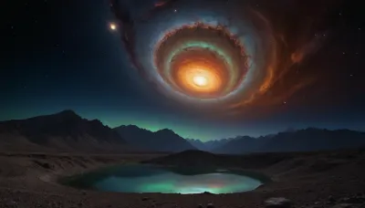 space dream, ufo, unreal dramatic dark blue, green, yellow clouds of gas, no limits, 4d makro, Sharp mountains, big lake of plasma, spiral galaxy in the sky, high mountains, the height of the mountains is 20 kilometers, huge sharp stones, blue and orange plasma slowly flows from the mountains, glow plasma streams, huge Jupiter with moons, several moons, galaxy, bright stars, dramatic sky, huge crater, rocky field, sharp mountains, there is no one around, no girls, no people, no animals