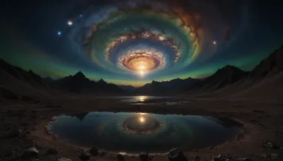 space dream, (((fractal mirror sky))), ufo, unreal dramatic dark blue, green, yellow clouds of gas, no limits, 4d makro, Sharp mountains, big lake of plasma, spiral galaxy in the sky, high mountains, the height of the mountains is 20 kilometers, huge sharp stones, blue and orange plasma slowly flows from the mountains, glow plasma streams, huge Jupiter with moons, several moons, galaxy, bright stars, dramatic sky, huge crater, rocky field, sharp mountains, there is no one around, no girls, no people, no animals