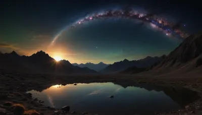 space dream, (((fractal mirror sky))), ufo, unreal dramatic dark blue, green, yellow clouds of gas, no limits, 4d makro, Sharp mountains, big lake of plasma, spiral galaxy in the sky, high mountains, the height of the mountains is 20 kilometers, huge sharp stones, blue and orange plasma slowly flows from the mountains, glow plasma streams, huge Jupiter with moons, several moons, galaxy, bright stars, dramatic sky, huge crater, rocky field, sharp mountains, there is no one around, no girls, no people, no animals