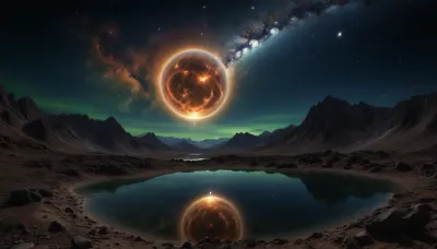 space dream, (((fractal mirror sky))), ufo, unreal dramatic dark blue, green, yellow clouds of gas, no limits, 4d makro, Sharp mountains, big lake of plasma, spiral galaxy in the sky, high mountains, the height of the mountains is 20 kilometers, huge sharp stones, blue and orange plasma slowly flows from the mountains, glow plasma streams, huge Jupiter with moons, several moons, galaxy, bright stars, dramatic sky, huge crater, rocky field, sharp mountains, there is no one around, no girls, no people, no animals