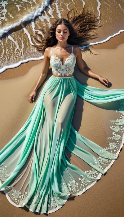 Hyperrealistic photography – aerial view, A young woman with delicate, almost ethereal features lies gracefully on the surf of a golden sandy beach. She wears an elegant white silk dress with intricate silver embroidery. The surf beneath and around her forms a perfectly symmetrical butterfly pattern that blends harmoniously with the movement of the shimmering blue-green waves and merges seamlessly with the sand. Her long, curly brown hair spreads out in a fan shape in the spray. Soft, natural light, rich in detail, inspired by femininity and nature.